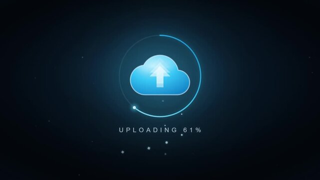 Cloud upload sync icon with rising percentage progress ring to synced checkmark on dark loop