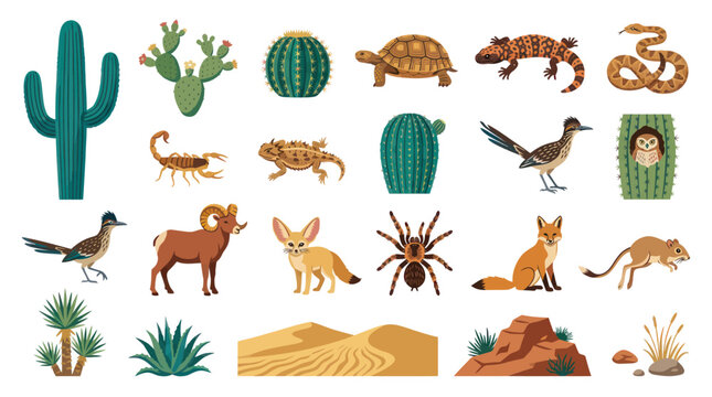 Desert Ecosystem Flat Vector Illustration Set: Animals, Plants, and Landscape Elements