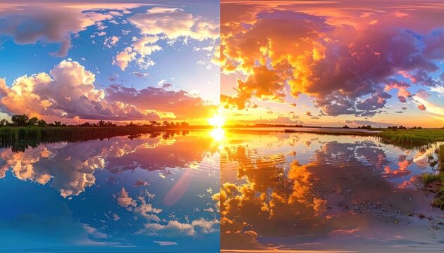 Breathtaking panoramic sunset over calm lake with vibrant clouds and perfect reflection, creating a stunning natural spectacle.