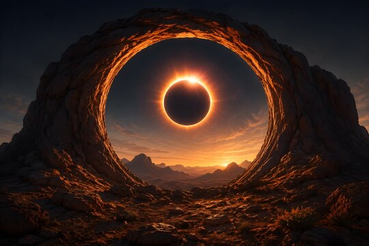 Total Eclipse Centers Within Circular Rock Formation With Glowing Corona and Otherworldly Landscape Beyond Tonight