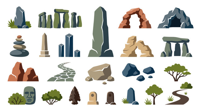 Ancient Stones and Rocks Vector Icons - Primitive, Natural and Mystical Elements