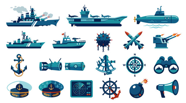 Naval Military Marine Flat Vector Icons Set: Warships, Submarine, Aircraft Carrier, Weapons  Tools