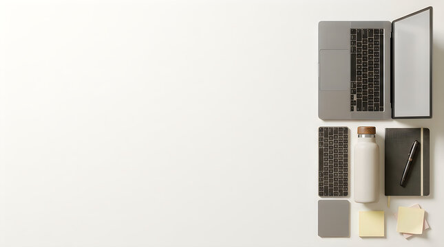 Minimalist flat lay workspace with silver laptop, keyboard, mouse, notebook, pen, bottle, and sticky notes. Clean desk organization and copy space for technology and business backgrounds