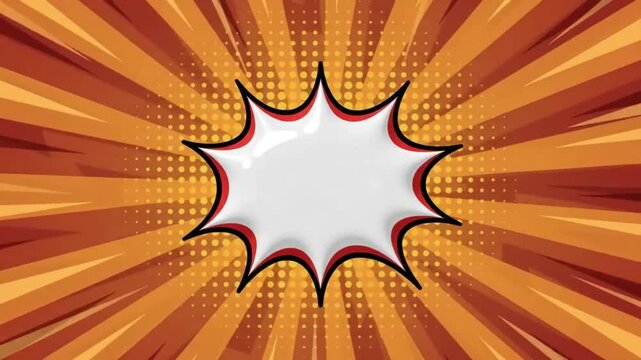 Orange sunburst background halftone dots bold red comic book explosion speech bubble.