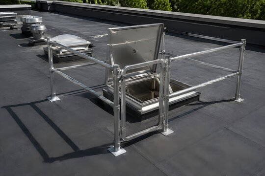 Secure Roof Access Hatch Features Guardrails and Self Closing Gate for Essential Maintenance Safety Compliance