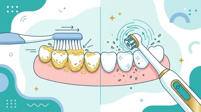 One side shows manual toothbrush cleaning teeth while the other side shows smart toothbrush demonstrating advanced dental care technology.