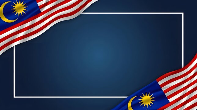 Decorative frame design featuring the Malaysian flag on the top left and bottom right corners over a dark blue background with a subtle border line.
