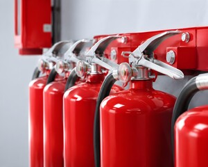 Obraz premium Fire Extinguisher Inspection Area Showcases Maintained Equipment and Clean Brackets for Preventive Safety Compliance Standards