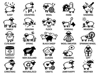 Cute Sheep Icons Set: Sleep, Farm, Wool, Family, Spring, Christmas, Animals © kelik