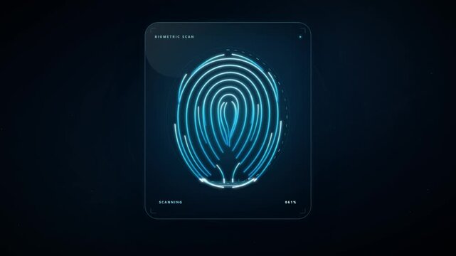 Biometric fingerprint scan icon with security access granted animation on dark screen loop