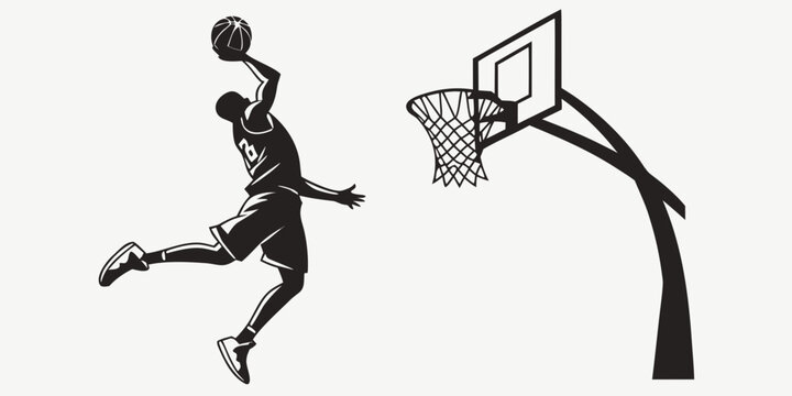 Black silhouette of a basketball player dunking with a hoop and ball basketball hoop