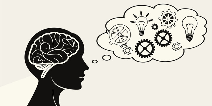 Black silhouette of a human head with a lightbulb and gears inside brain thinking