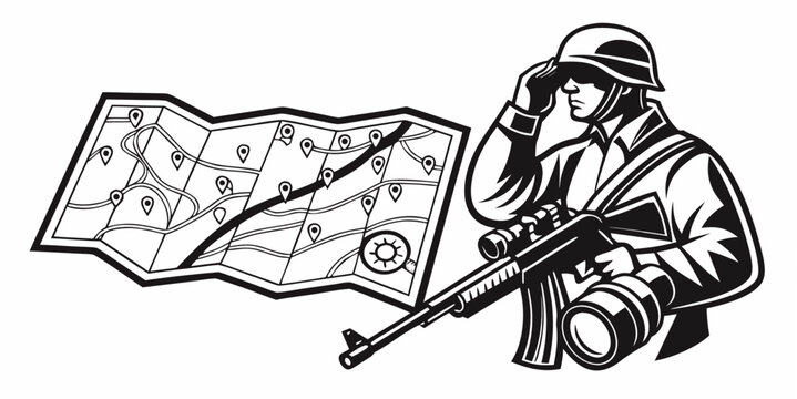 Soldier in camouflage uniform holding a tactical map with compass military gear