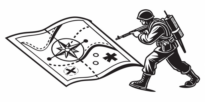 Soldier in tactical gear examining a detailed map, black silhouette style document