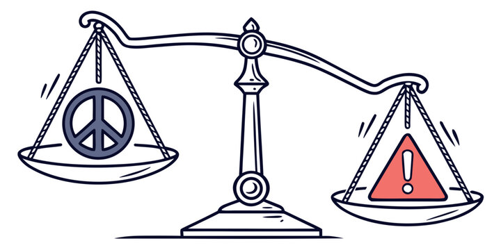 Balance scale with peace symbol and warning sign justice scale exclamation mark
