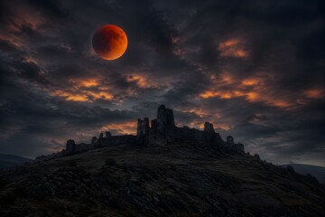 Obraz premium Lunar Eclipse Rises Above Crumbling Fortress on Rocky Hill Beneath Red Moon and Moody Clouds