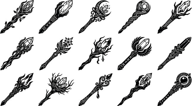 Big collection of black fantasy magic wand silhouettes featuring wizard staffs sorcerer scepters and mystical crystal game items