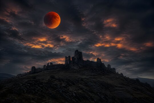 Lunar Eclipse Rises Above Crumbling Fortress on Rocky Hill Beneath Red Moon and Moody Clouds