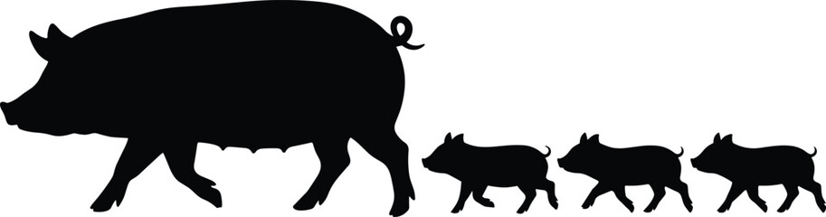 Black silhouette illustration of a mother pig walking with three small piglets isolated on a white background © Rokon