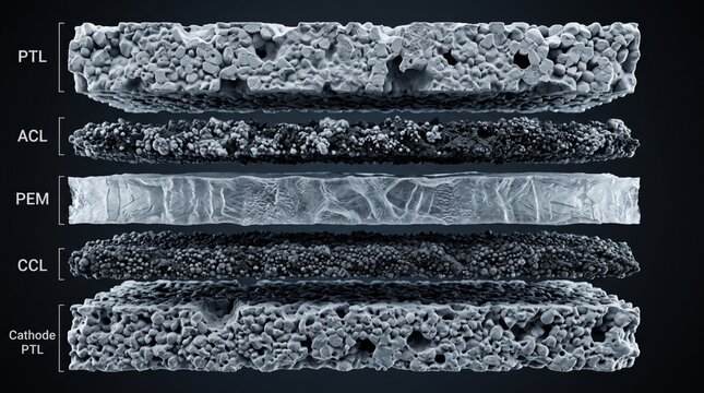Architectural PEM water electrolyzer membrane cross-section 3D render