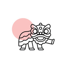 Fototapeta premium Barongsai Chinese Lion Dance Character Walking Pose Icon with Colorful Pink Circle Background, Simple Outline Illustration Representing Traditional Cultural Performance and Chinese New Year.
