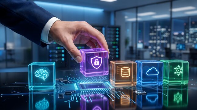 Hand Picking Glowing Digital Security Cube with Padlock Icon in Server Room Data Center