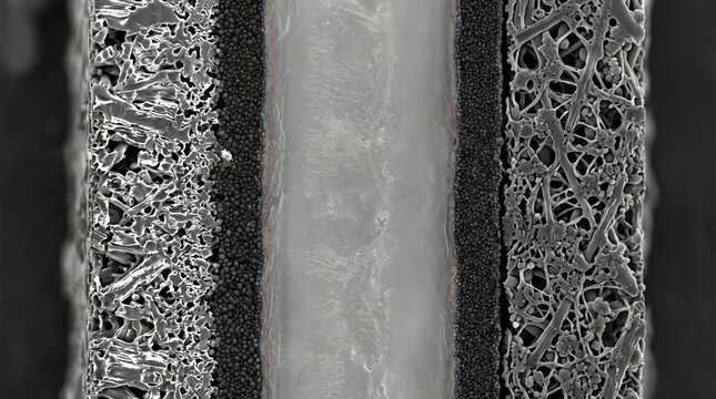 Exploded view of PEM electrolyzer catalyst and membrane interface 3D render