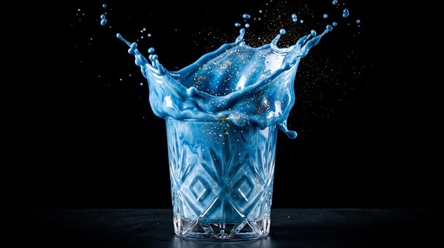 Vibrant blue matcha milk tea splashing with floating gold dust. Luxurious dark beverage background.