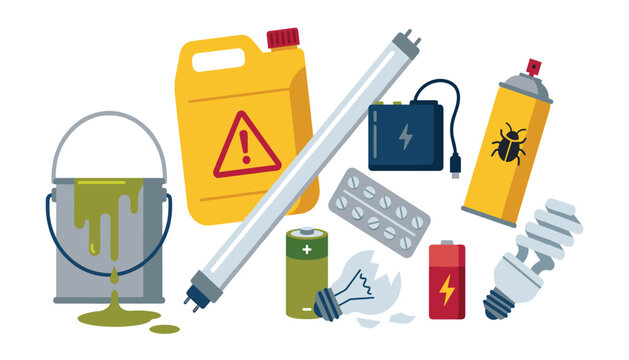 Household hazardous waste vector illustration set containing toxic chemical can batteries lightbulbs electronics medication and pesticide spray