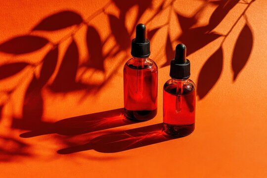 Two brown glass dropper bottles for skincare serum on orange background with leaf shadows skincare cosmetic treatment wellness container packaging botanical minimalist backdrop sunlight