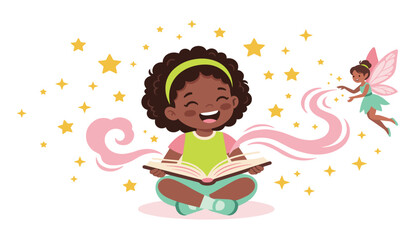 Cute black girl reading magic book vector character with little fairy flying sparkles and golden stars around her