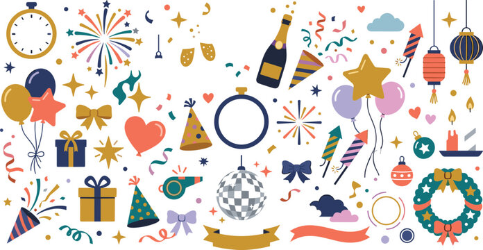 New Year party celebration vector elements set featuring champagne fireworks disco ball balloons and holiday decorations for festive event invitation design social media marketing