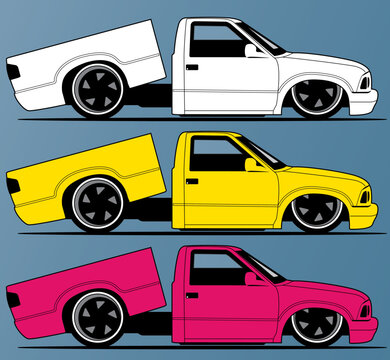 Tilt-bed Lowrider Mini Truck Vector Collection Hand Illustrated Layered vector file.