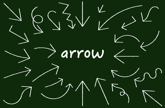 Set of various hand-drawn arrows on a blackboard&mdash;pointers, attention markers, directional guides, cursors, etc.