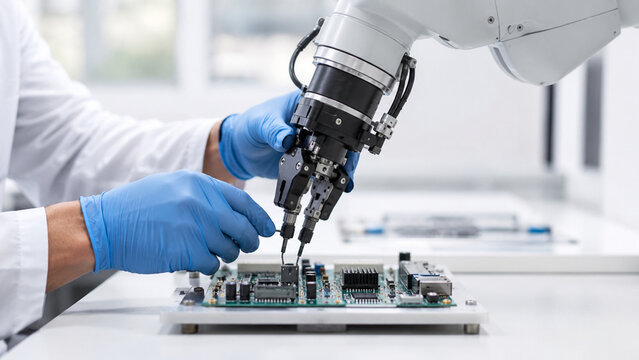 Technician hands guiding a robotic arm to assemble a circuit board on a bright industrial workbench