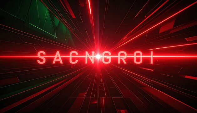 Abstract futuristic neon light tunnel with glowing text 'SACNGROI' and red light streaks, digital art.