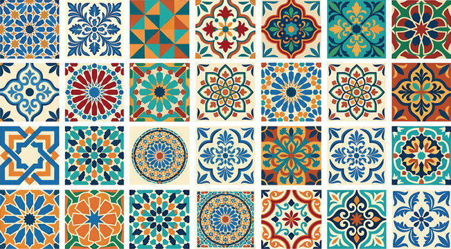 Big collection of colorful Mediterranean ceramic tile patterns featuring traditional Spanish azulejos Portuguese talavera and Moroccan geometric mosaic ornaments