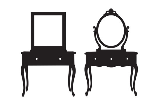 Dressing table silhouettes with mirror black on white background