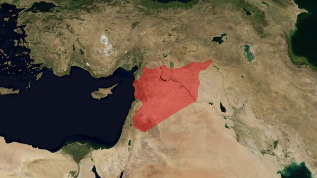 Satellite map animation zooming in on Syria highlighted in red