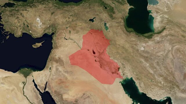 Satellite map animation zooming in on Iraq highlighted in red