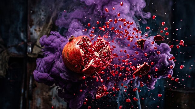 Exploding pomegranate seeds with swirling purple smoke. High energy dynamic dark background.