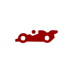 Obraz premium A minimalist, flat-style vector icon of a Formula 1 racing car in profile, rendered in a solid dark red color against a clean white background.