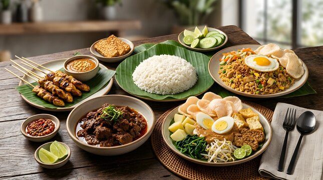 Southeast Asian feast with satay, rendang, nasi goreng, and gado gado