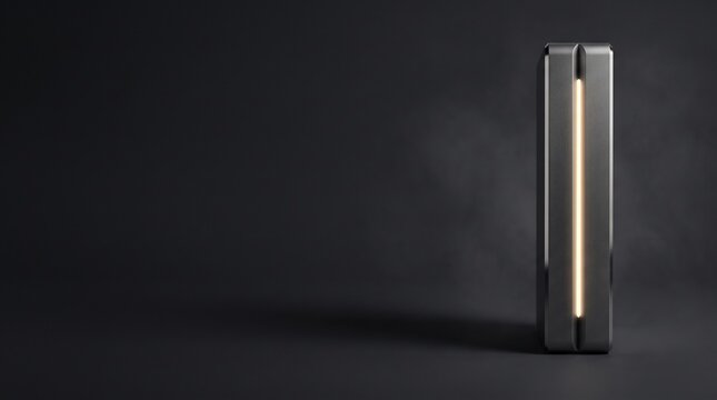 Minimalist metallic vertical rectangular device featuring a glowing warm light strip against dark grey background
