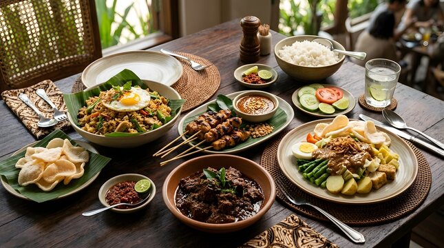 Sumptuous Indonesian feast with satay, nasi goreng, and gado gado