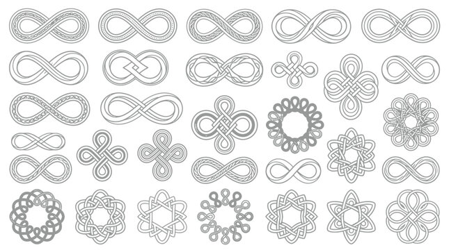 Collection of intricate Celtic knot infinity symbols and circular patterns in monochrome.