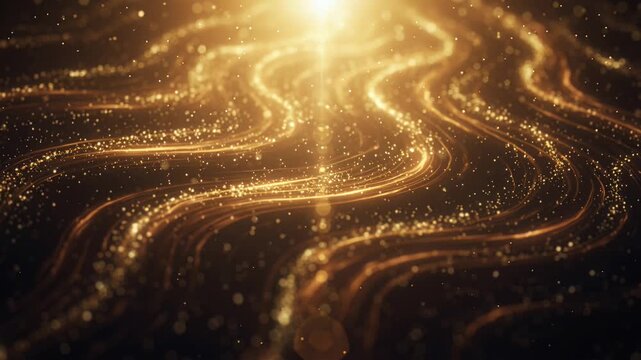 golden flowing particles and light trails in abstract background