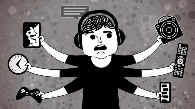 person with adhd overwhelmed by multiple technological stimuli