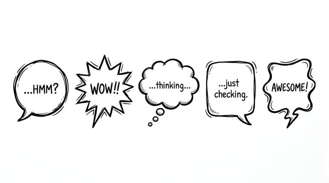 Hand drawn thinking speech bubbles with different reactions
