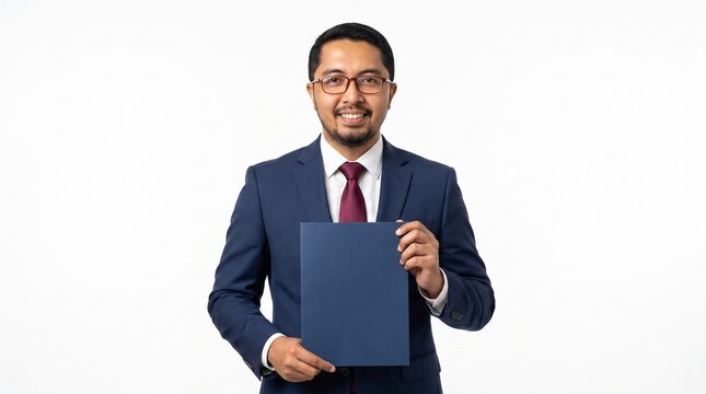 Professional entrepreneur holding a blank blue folder mockup in studio setting